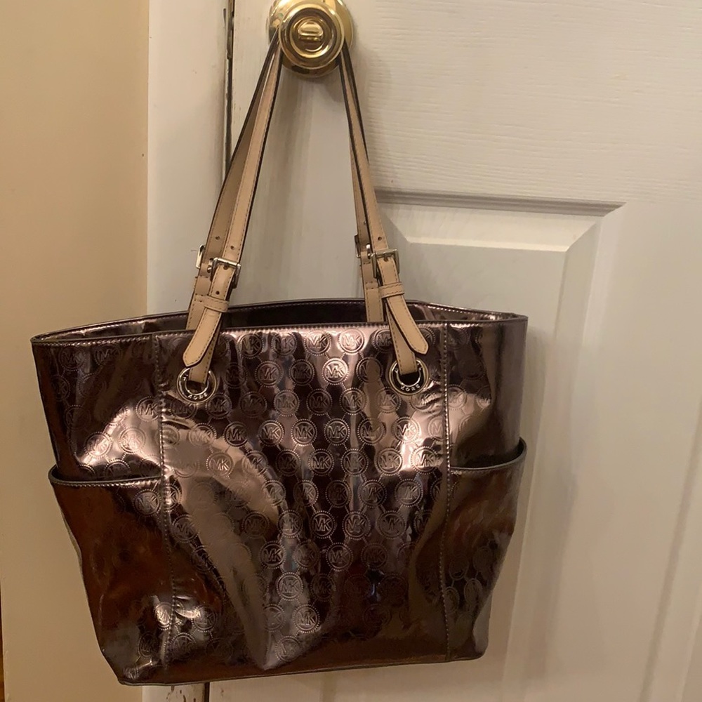 Michael Kors Metallic Rose Brown Logo Tote with Beige Straps